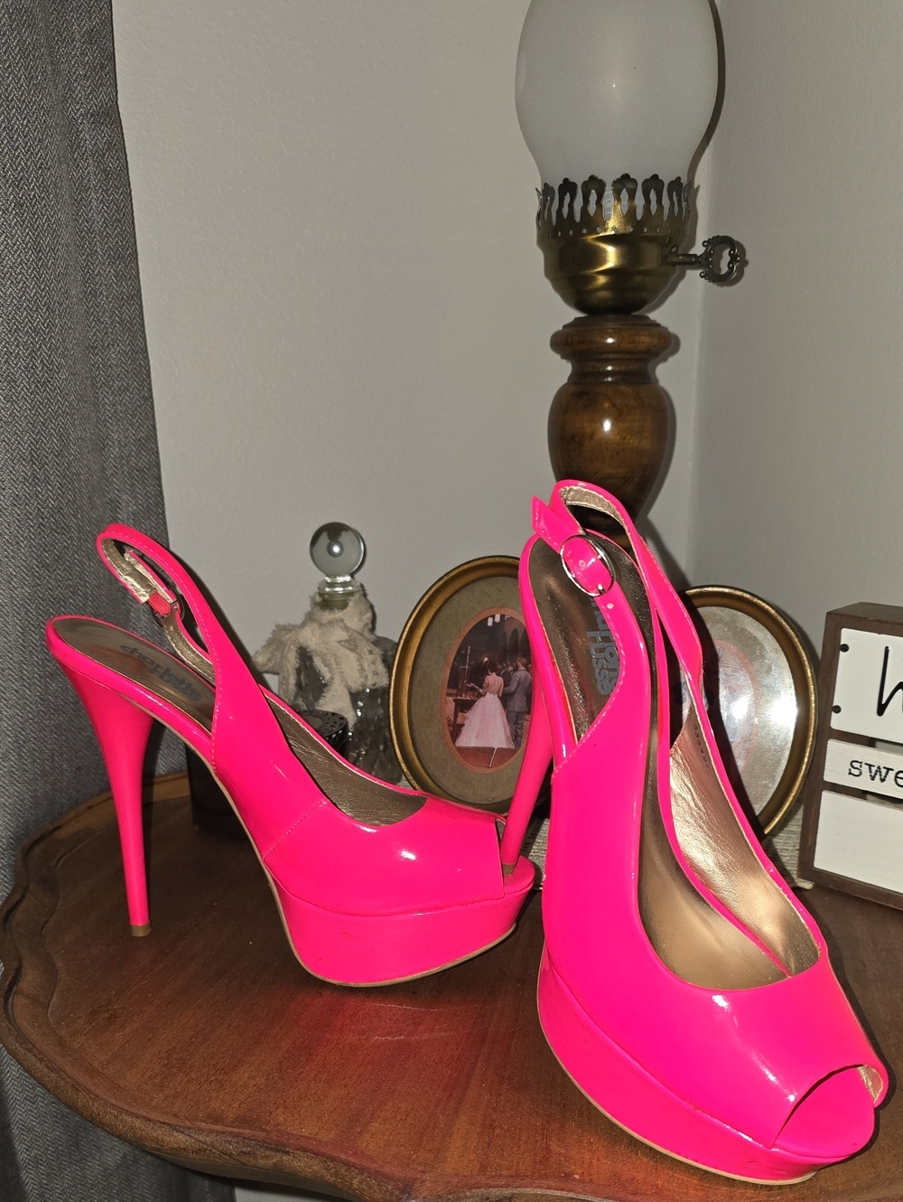 Hot Pink Patent Slingback Peep-Toe Platform Heels